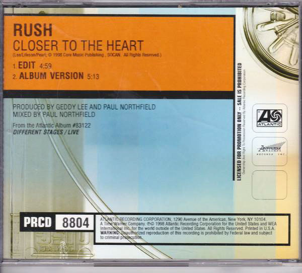 Rush: Closer to the Heart CD Single from Different Stages