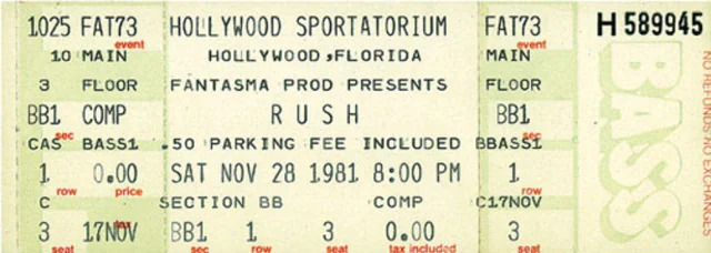 Rush 'Exit...Stage Left' Tour Pictures - Hollywood Sportatorium - Pembroke Pines, Florida - 11/28/1981